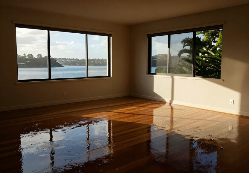 Flood-damaged living room in Len Waters Estate before restoration